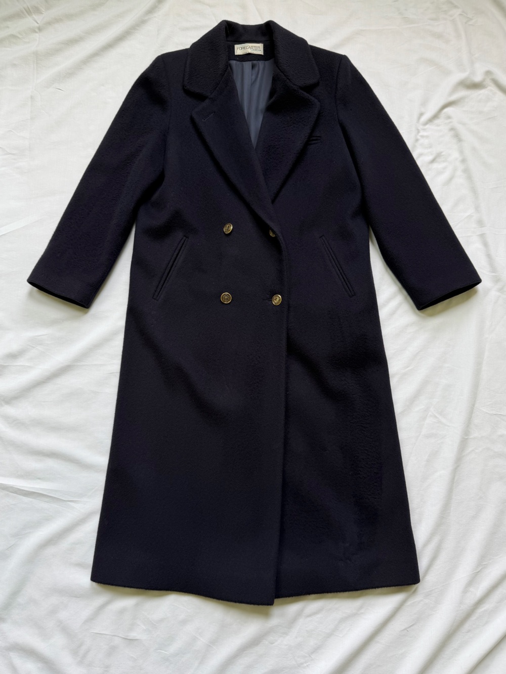 Vintage Forecaster of Boston 100% Wool Navy Maxi Overcoat Gold Buttons Size 4